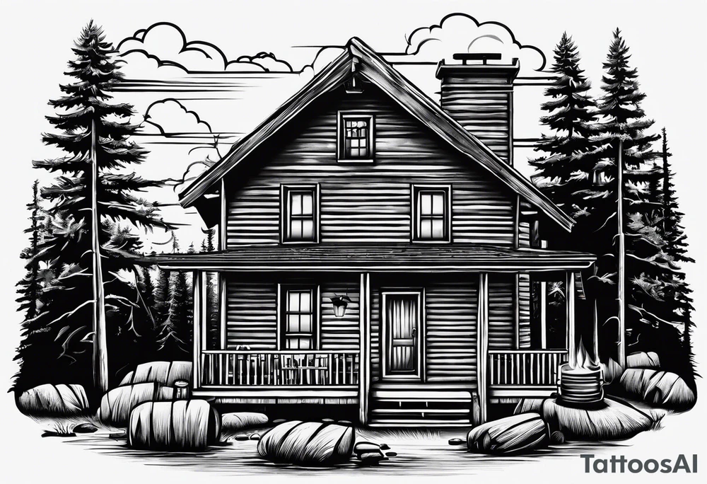 cabin chimney smoke says "Hutting Est. 2004" friends sunset tattoo idea
