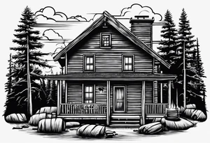 cabin chimney smoke says "Hutting Est. 2004" friends sunset tattoo idea