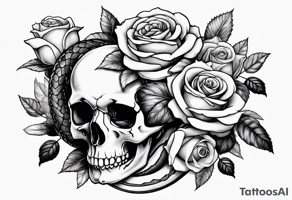 A skull with a snake wrapped around it and roses bordering all of it tattoo idea