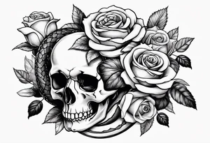 A skull with a snake wrapped around it and roses bordering all of it tattoo idea