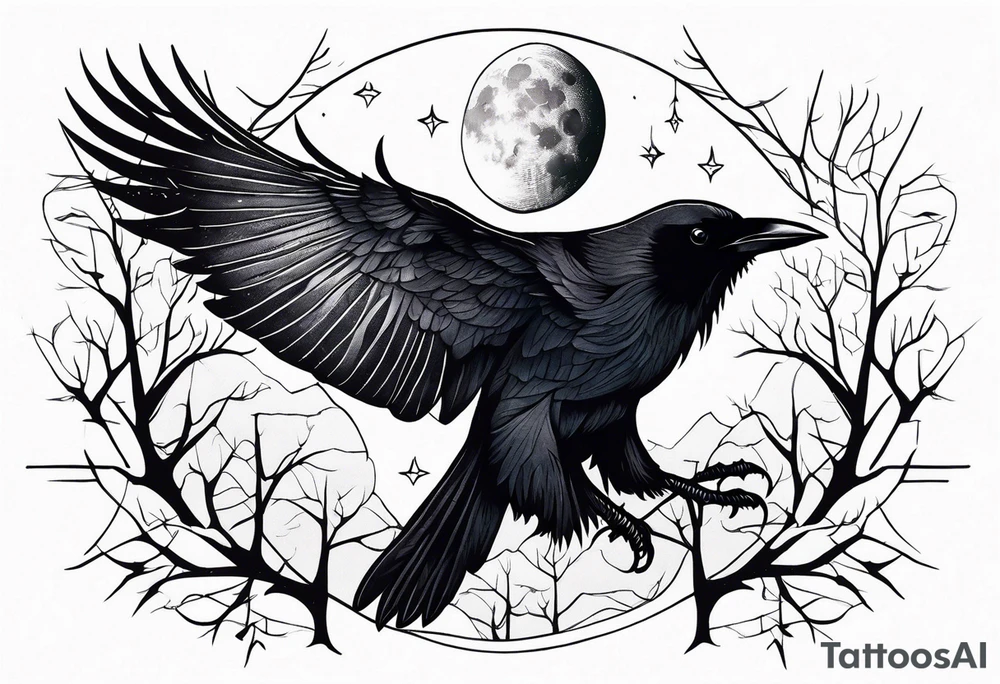 Raven in flight, upsidedown, knowing, light behind its eyes, ethereal, moon stars and trees in the background tattoo idea