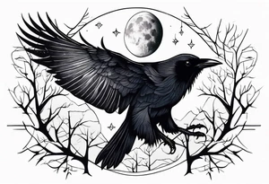 Raven in flight, upsidedown, knowing, light behind its eyes, ethereal, moon stars and trees in the background tattoo idea