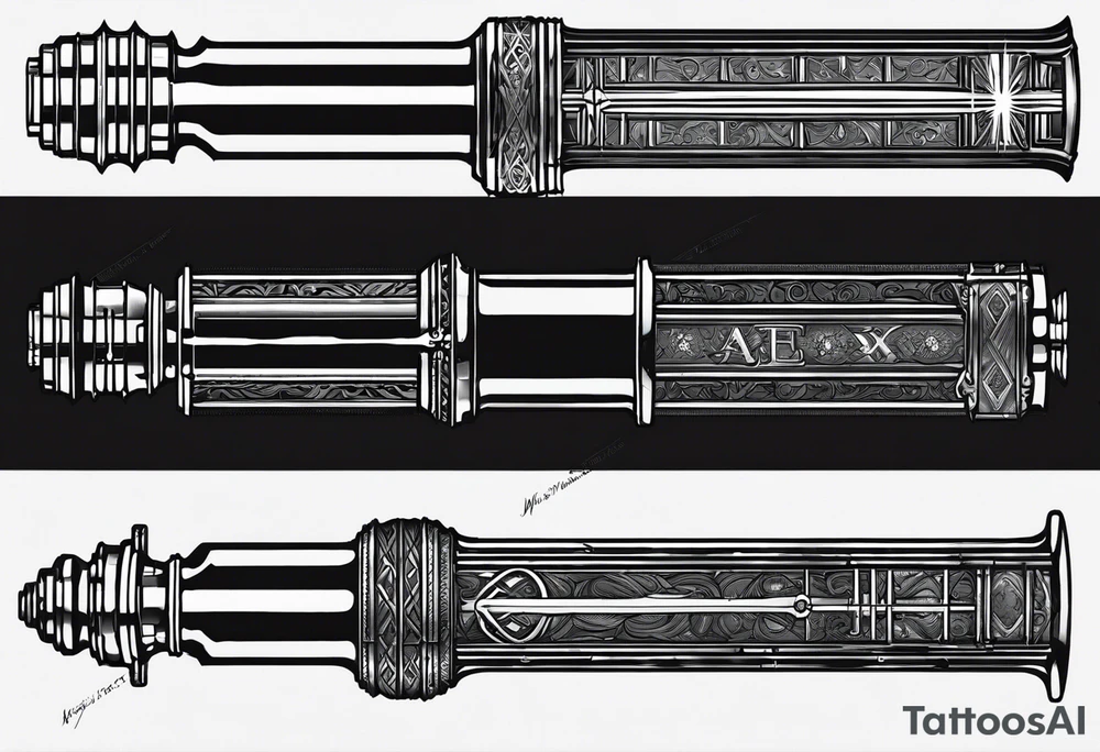 Lightsaber and a Wand from Harry Potter overlapping to make an "X" and in the spaces between the put the letters A,J,L and N. tattoo idea