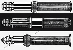 Lightsaber and a Wand from Harry Potter overlapping to make an "X" and in the spaces between the put the letters A,J,L and N. tattoo idea