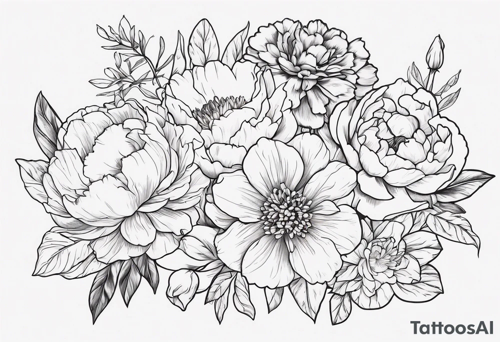 8 flowers peony, carnation, daffodil, daphne, dahlia, desiree, daisy and rose bouquet tattoo idea
