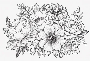 8 flowers peony, carnation, daffodil, daphne, dahlia, desiree, daisy and rose bouquet tattoo idea