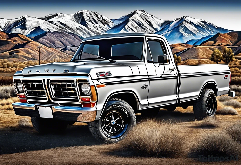 1974 ford f-100 in front of mountains tattoo idea