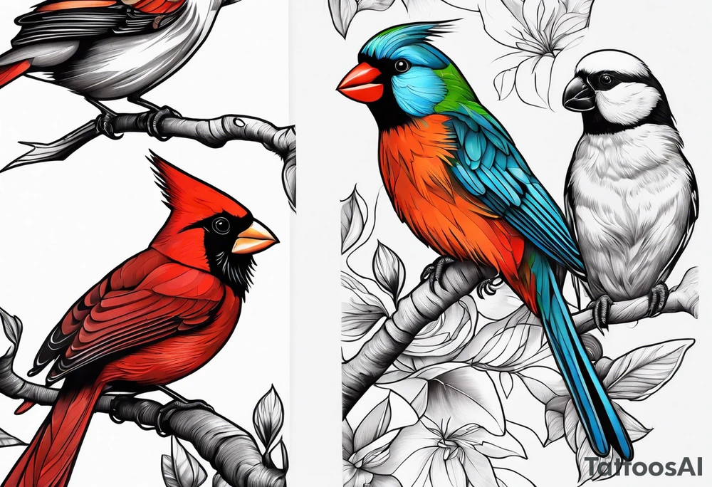 sleeve of 4 birds - cardinal, puffin, chickadee, and puerto rican parrot tattoo idea