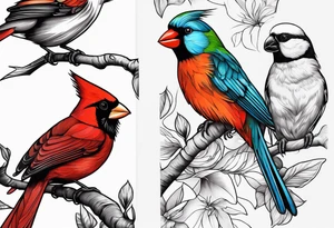 sleeve of 4 birds - cardinal, puffin, chickadee, and puerto rican parrot tattoo idea