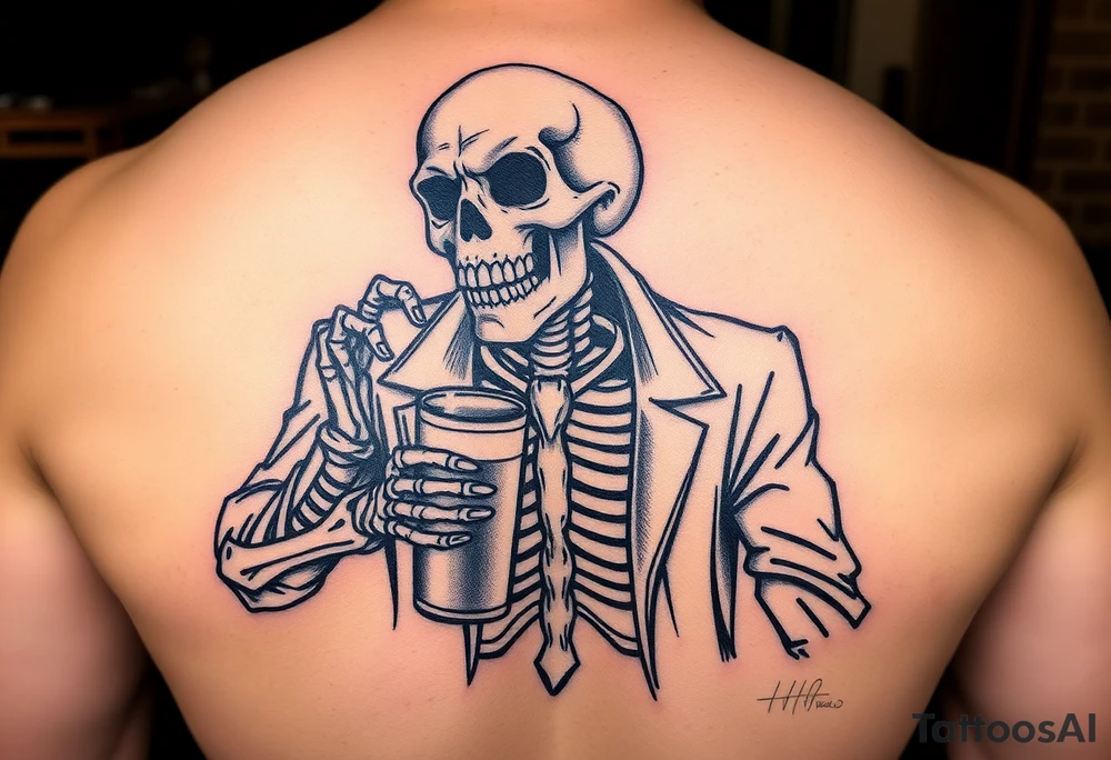 evil skeleton in clothes getting drunk tattoo idea