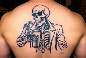 evil skeleton in clothes getting drunk tattoo idea