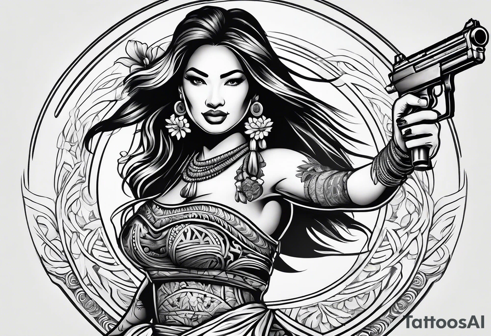 hula girl who dance with famas gun tattoo idea