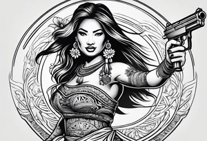 hula girl who dance with famas gun tattoo idea