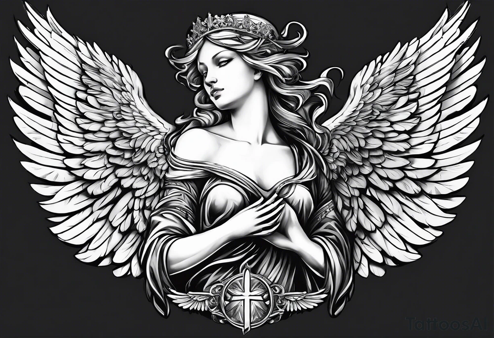 Sexy guardian angel with a full body and wings out to the sides tattoo idea