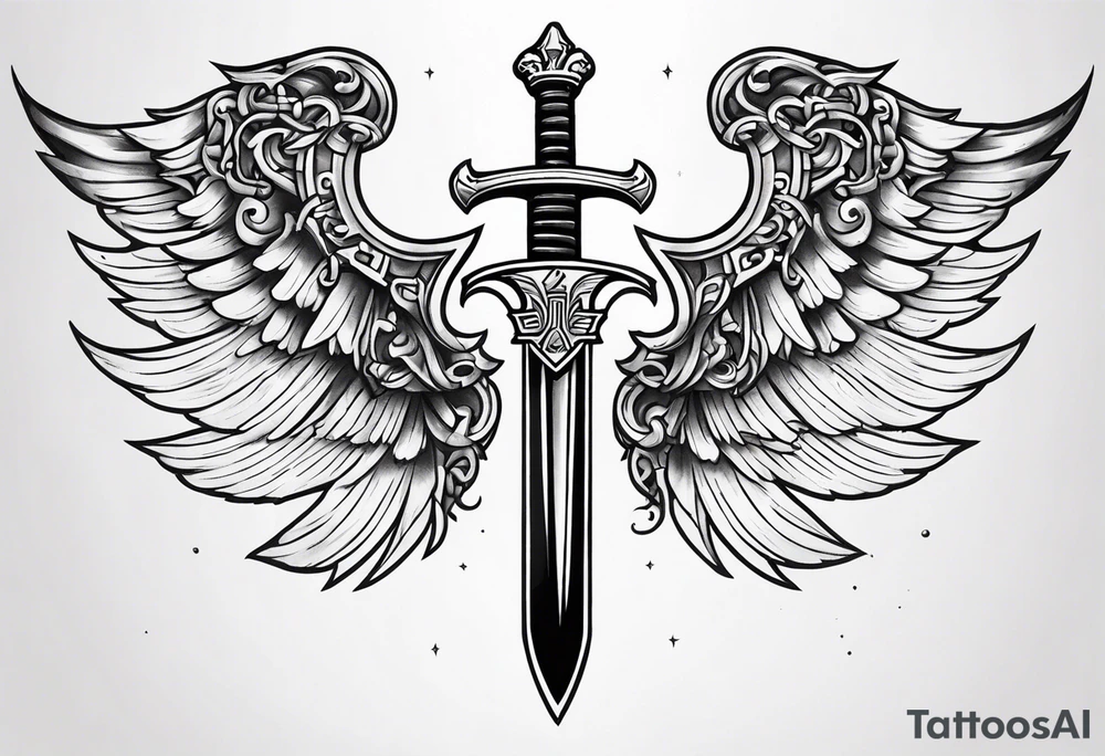 Sword with cyber sigilism wings tattoo idea