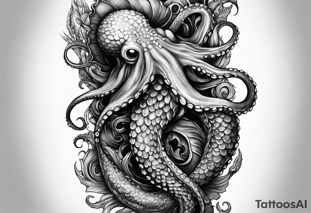 Lower leg sleeve. Large blue ring octopus holding mermaid tattoo idea