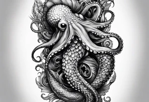 Lower leg sleeve. Large blue ring octopus holding mermaid tattoo idea