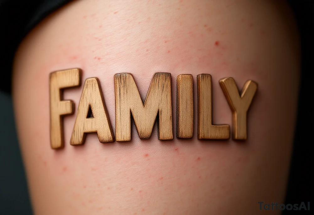 Family in capital letters, each one made of wooden textures in soft brown and beige tones. tattoo idea