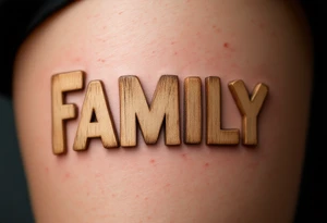 Family in capital letters, each one made of wooden textures in soft brown and beige tones. tattoo idea