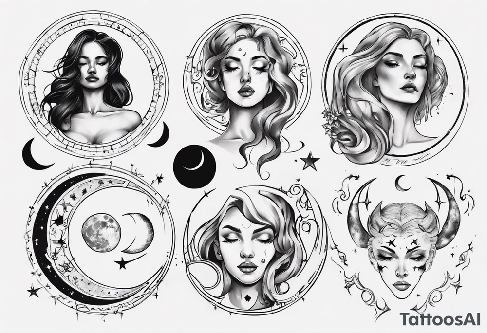 moon phase chest tattoo, semicolon, stars, moons, zodiac Cancer, female face in moon, female face in sun, moon phase between breast tattoo idea