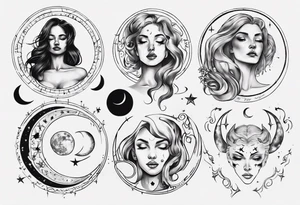 moon phase chest tattoo, semicolon, stars, moons, zodiac Cancer, female face in moon, female face in sun, moon phase between breast tattoo idea
