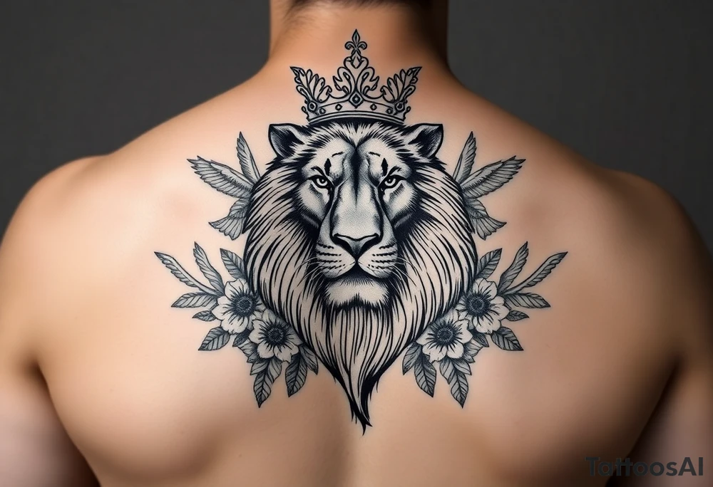 powerful majestic lion with a crown, surrounded by floral ornaments and birds tattoo idea