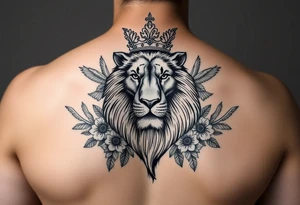 powerful majestic lion with a crown, surrounded by floral ornaments and birds tattoo idea