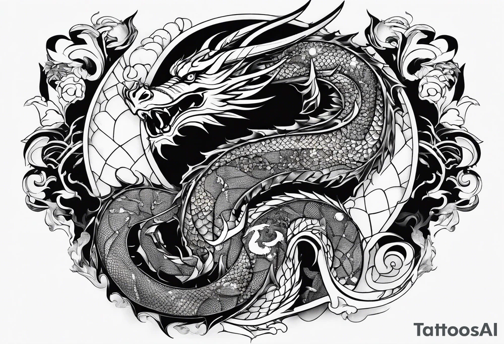 blackwork negative space dragon sleeve tattoo idea