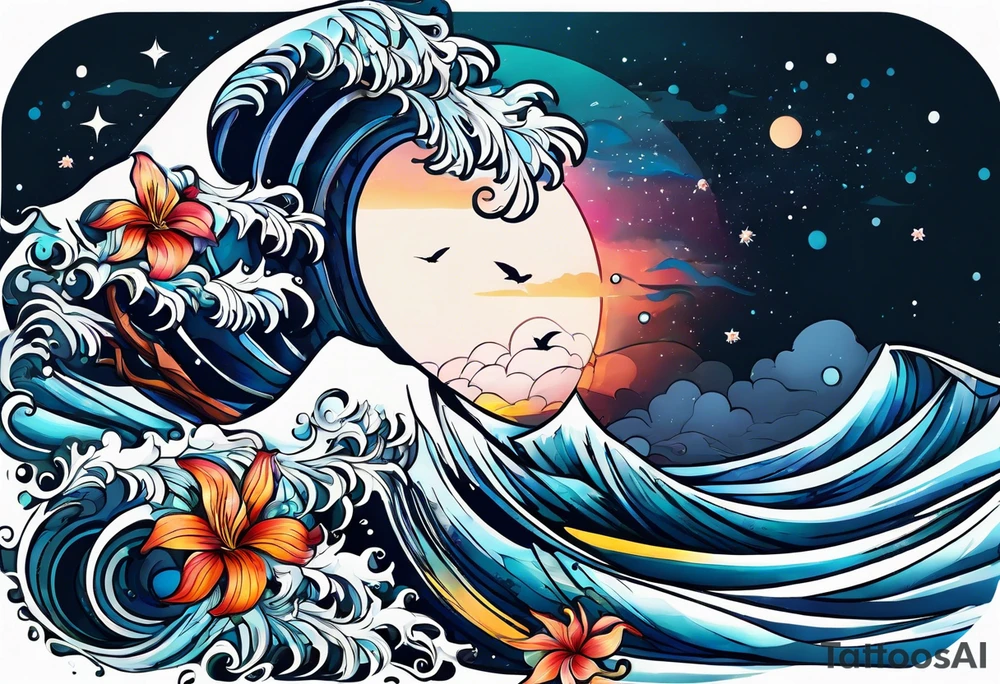 sea,, night, flower, palm, tattoo idea