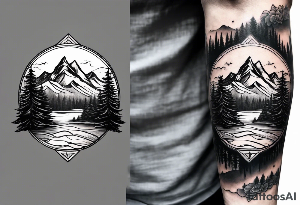 male forearm mountains and pine trees with water tattoo idea