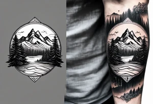 male forearm mountains and pine trees with water tattoo idea