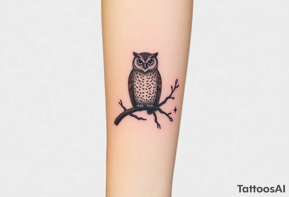 wise owl perched on ancient oak branch under starlit sky tattoo idea