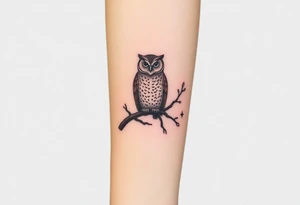 wise owl perched on ancient oak branch under starlit sky tattoo idea