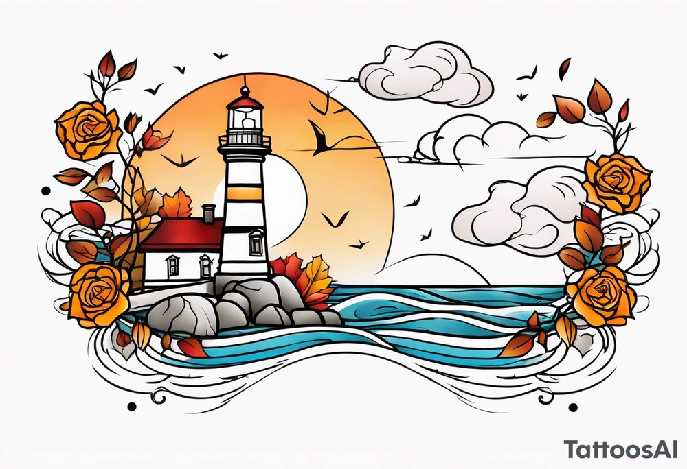 thigh tattoo in fall colors, showing lighthouse, water flow around rocks, sky, clouds, leaves, roses tattoo idea