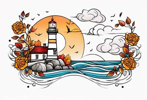 thigh tattoo in fall colors, showing lighthouse, water flow around rocks, sky, clouds, leaves, roses tattoo idea