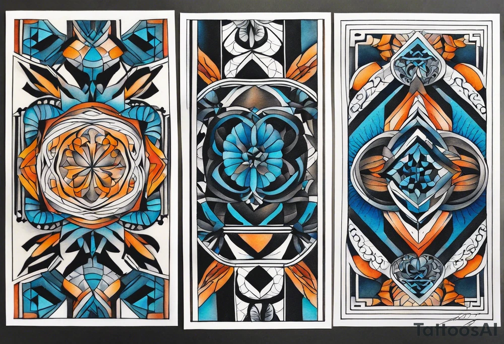 semi Detailed neo traditional knee tattoo flat on paper. The tattoo features geometric patterns and bold lines, creating a visually striking design with slight tints of deep fall colors. The background 
outside the tattoo features deep blues washes and water swirls tattoo idea