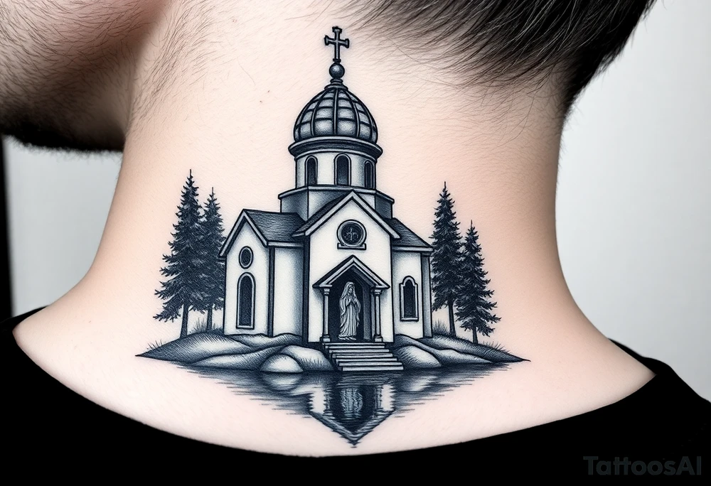 medium sized russian orthodox dome church with a separated virgin mary praying beside a lake and pine trees on the sized of my neck tattoo idea