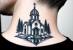 medium sized russian orthodox dome church with a separated virgin mary praying beside a lake and pine trees on the sized of my neck tattoo idea