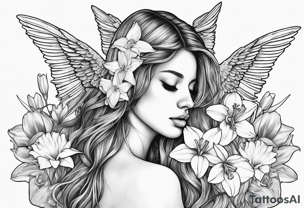 sad angel with head down and face covered by her hair with sagging broken wings surrounded by lily, daffodil, rose, daisy, narcissus holding a hummingbird tattoo idea