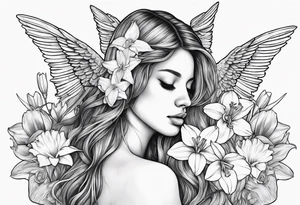 sad angel with head down and face covered by her hair with sagging broken wings surrounded by lily, daffodil, rose, daisy, narcissus holding a hummingbird tattoo idea
