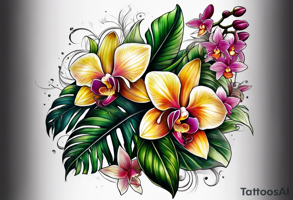 Tropical plants and orchids full sleeve tattoo idea