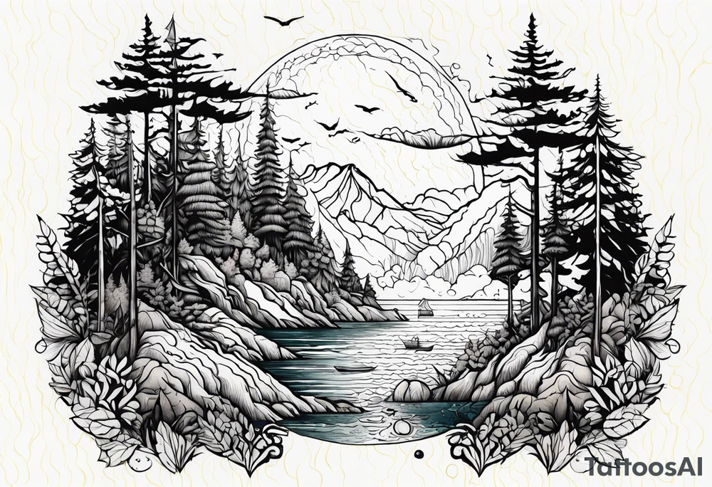 tatoo whit forest and sea for arm tattoo idea