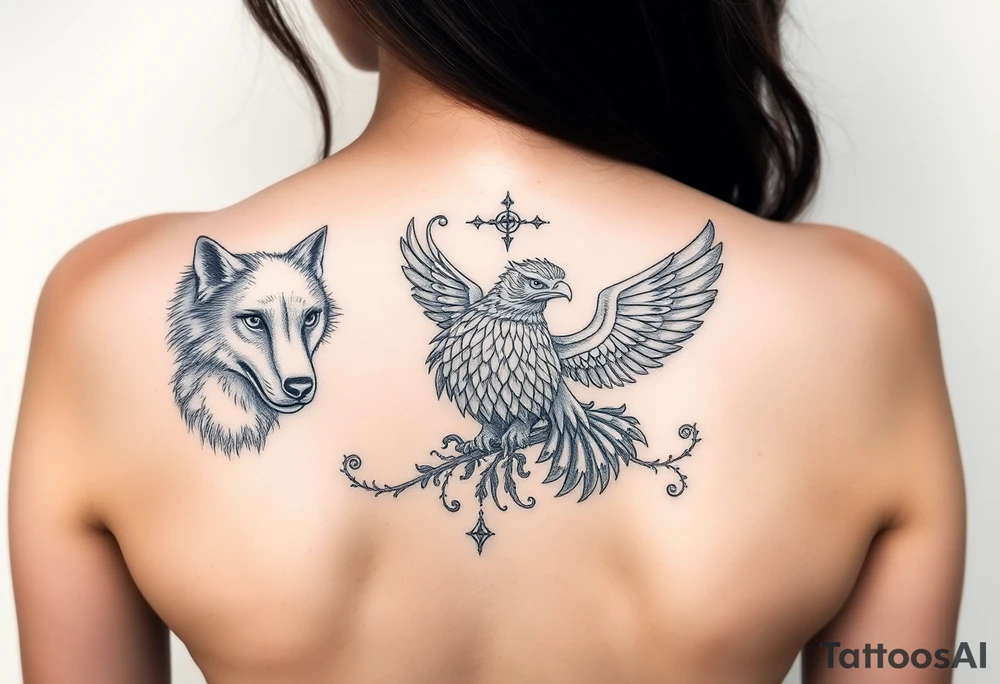 An open book with a werewolf, owl, dragon & phoenix tattoo idea An open book with a werewolf, owl, dragon & phoenix tattoo idea