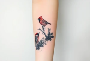 A bear, woodpecker and cardinal tattoo idea