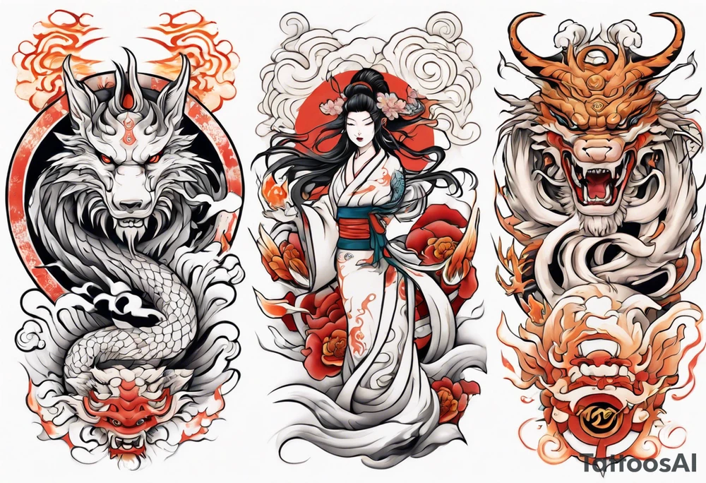 Japanese tattoo sleeve with amaterasu goddes on the shoulder and dragon along the hand tattoo idea