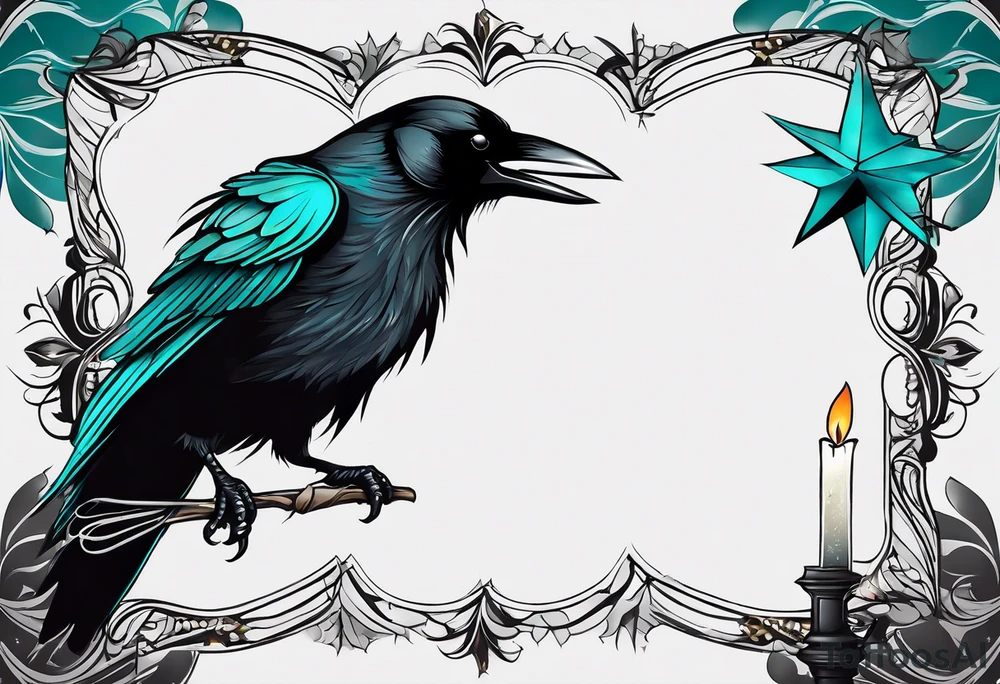 Gothic crow with teal and black feathers flying holding a candle with a star lite background tattoo idea