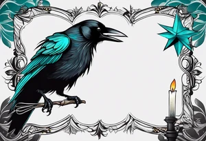 Gothic crow with teal and black feathers flying holding a candle with a star lite background tattoo idea
