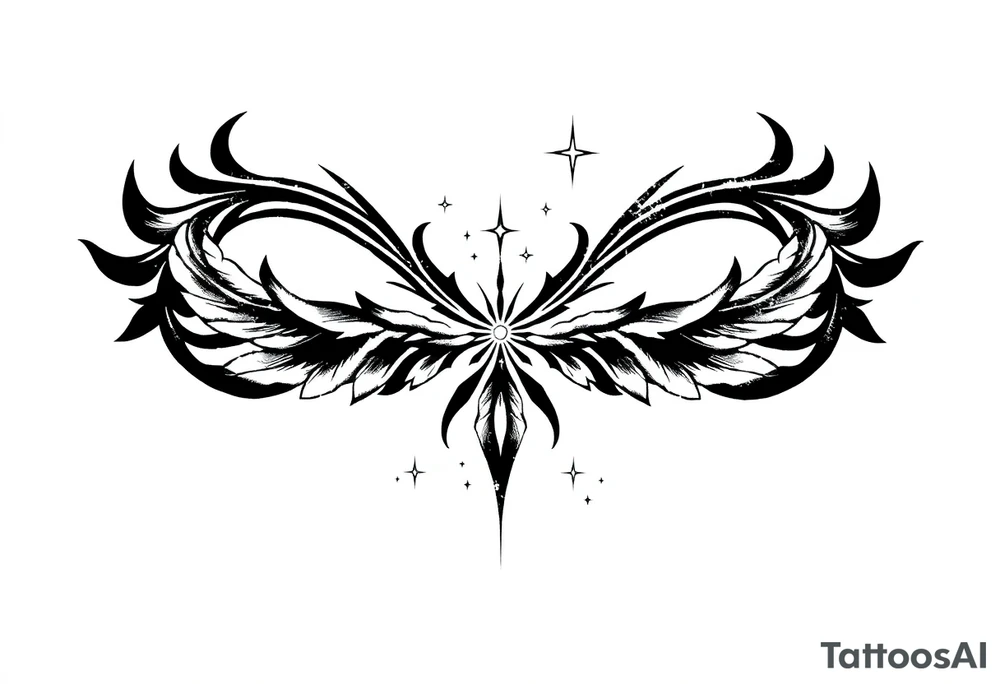 infinity symbol woven with floating feathers and stardust tattoo idea