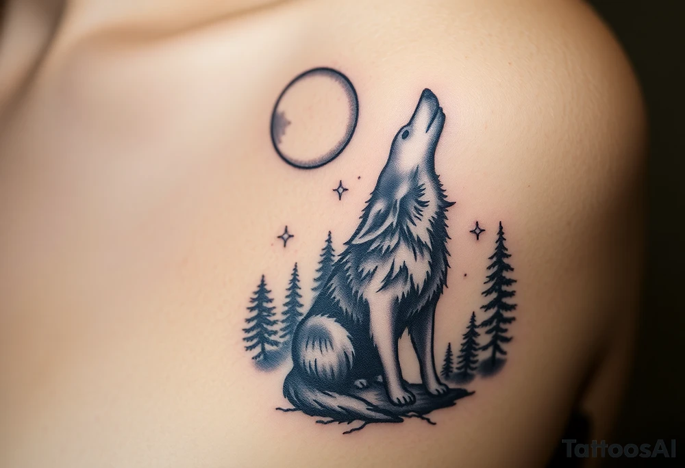 Lone wolf howling at the moon in the forest in the night Columba star tattoo idea