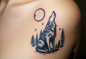 Lone wolf howling at the moon in the forest in the night Columba star tattoo idea